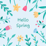 Spring floral background minimalist design with hand drawn flowers and twigs