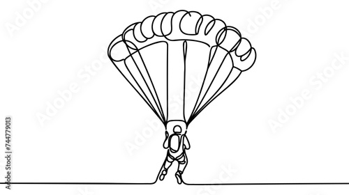 One continuous line drawing of young bravery man flying in the sky using paragliding parachute.