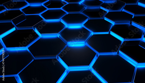 A black and blue background with hexagonal shapes