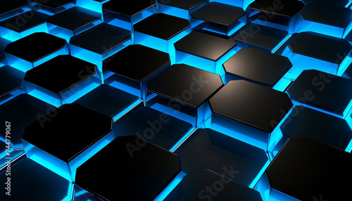 A black and blue background with hexagonal shapes