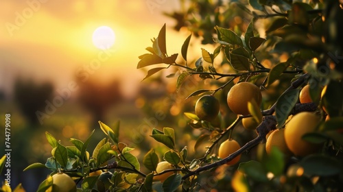 Lemons on a tree branch at sunset