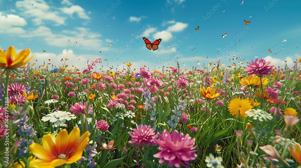 A vibrant field of wildflowers in full bloom for Spring Break, a symphony of colors under a clear blue sky, butterflies flitting about, capturing the essence of spring's renewal, high resolution, real