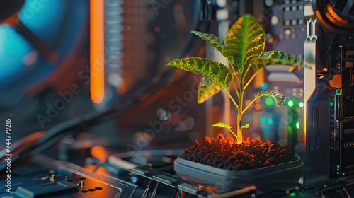 Tree with soil growing on the converging point of computer circuit board. Blue light and wireframe network background. Green Computing, Green Technology. AI generated illustration
