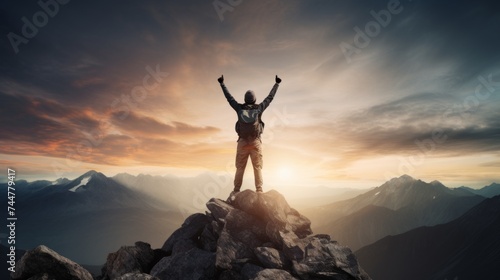 A man with his arms raised reaching the peak #744779417
