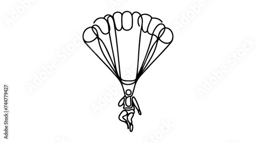 One continuous line drawing of young bravery man flying in the sky using paragliding parachute.