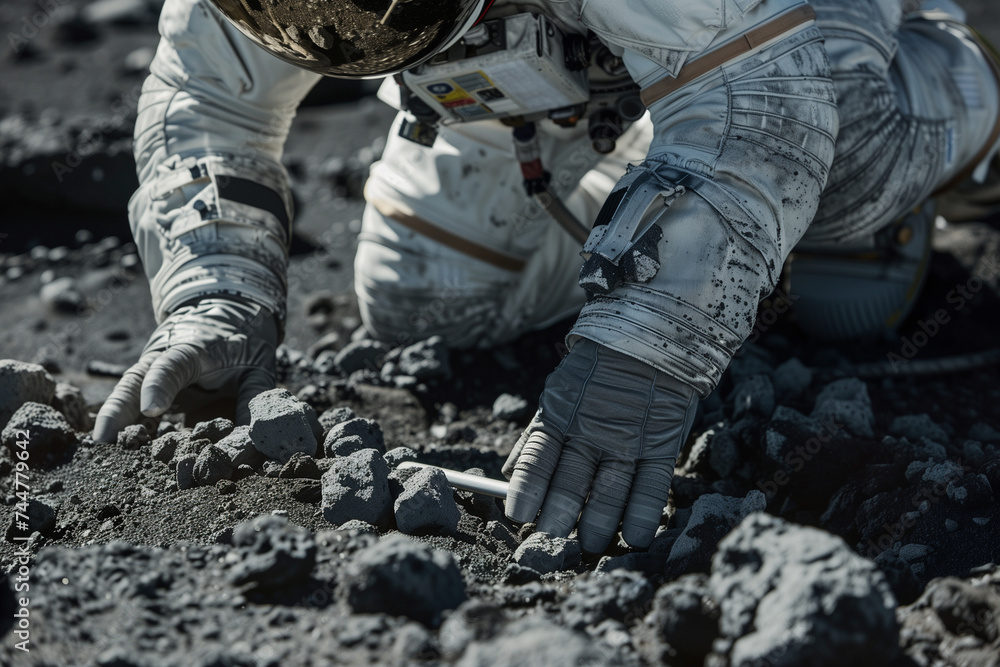 Close-up of an astronaut collecting moon rocks, detailed suit and tools, against a backdrop of the moon's horizon, scientific discovery and lunar research