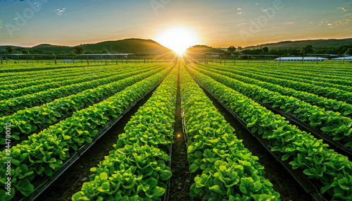  Rows of lettuce plants growing in a field at sunset