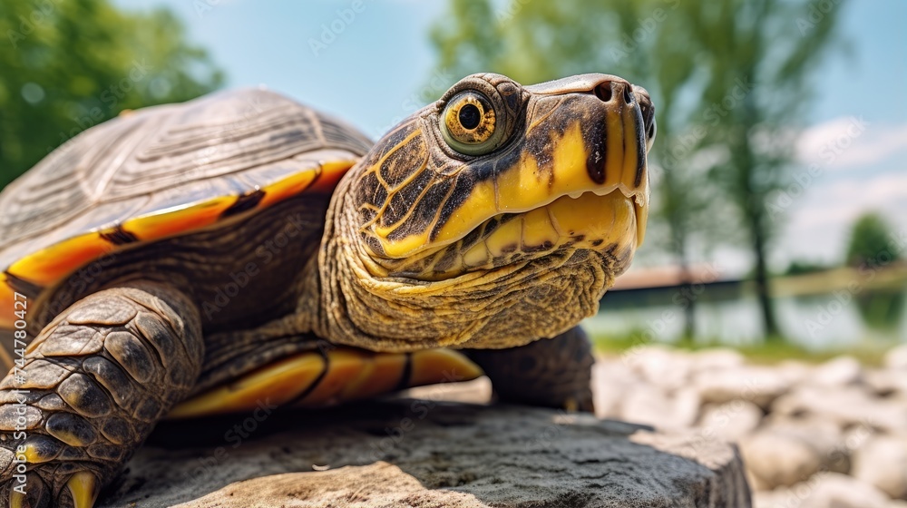 Obraz premium Close-up of a turtle. Natural background. Modern screen design. Illustration for cover, postcard, postcard, banner, poster, brochure or presentation.