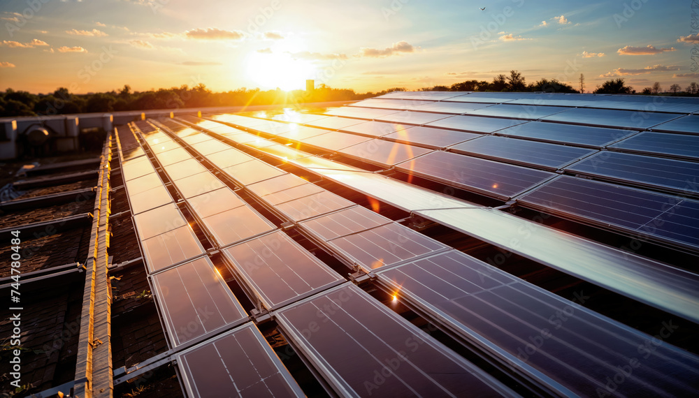 Fototapeta premium A large solar panel farm generates clean, renewable energy from the sun.