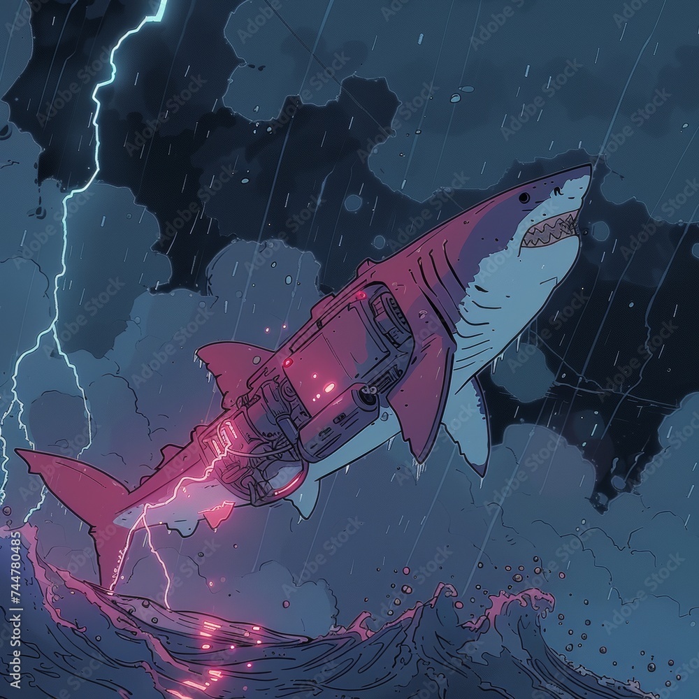 Obraz premium Futuristic depiction of shark with cybernetic enhancements in stormy ocean, blending sci-fi elements with natural predator in dramatic scene, showcasing imaginative and high-tech interpretation of mar