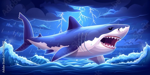 Fierce Great White Shark with Lightning in Background - A dynamic and powerful illustration of a great white shark leaping from the ocean as lightning illuminates the dark stormy sky photo