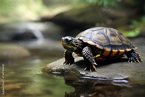 A small turtle is sitting on a rock, with its head up and looking around. The turtle appears to be observing something in the water or simply enjoying its surroundings. © nasr