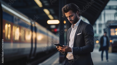 business man using smart phone while waiting at railroad station