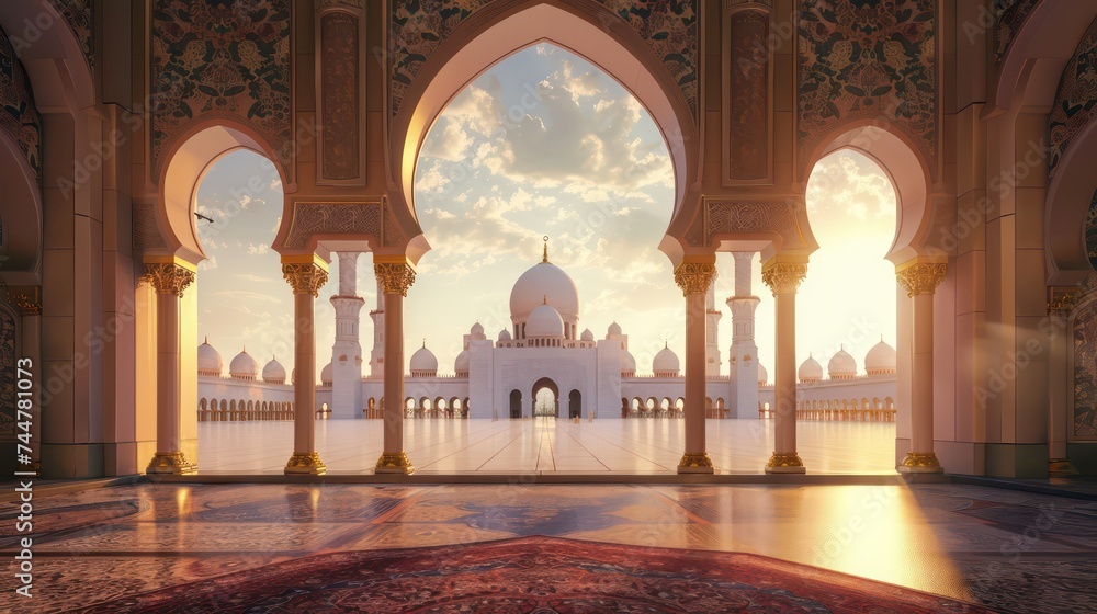 Mosque with beautiful view in background, Islamic backgrounds for Eid. - obrazy, fototapety, plakaty 