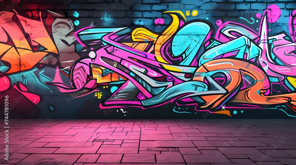 Abstract colorful graffiti on brick wall. Street art concept. 3D Rendering