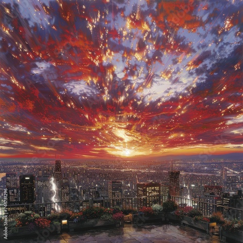 Apocalyptic Sunset Exploding Over the City Skyline in Fiery Red and Orange Hues