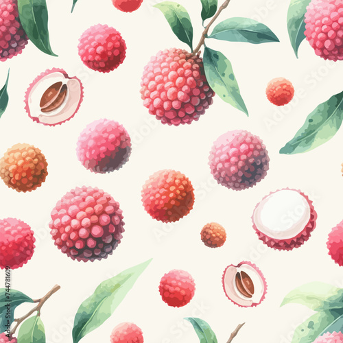 Lychee print. Watercolor Litchi Tropical fruit seamless pattern.