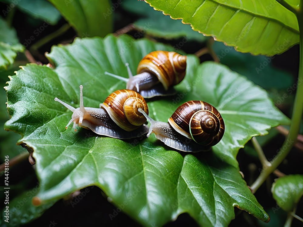 Three snails rest on a green leaf, showcasing their intricate shell patterns and the delicate veins of the leaf. Generative AI. Three snails rest on a green leaf, showcasing their intricate shell patterns and the delicate veins of the leaf. Generative AI.