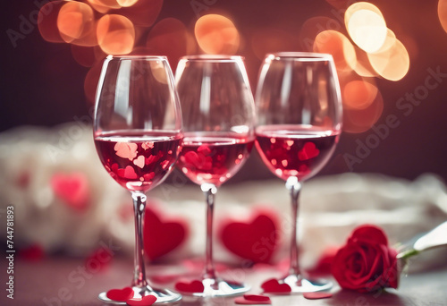 Valentines day concept Wine glasses rose and hearts bokeh lights Banner format