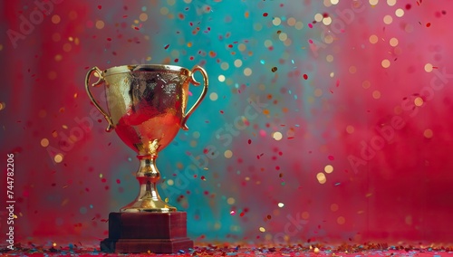 A gold trophy cup sitting on a red background. AI generated illustration