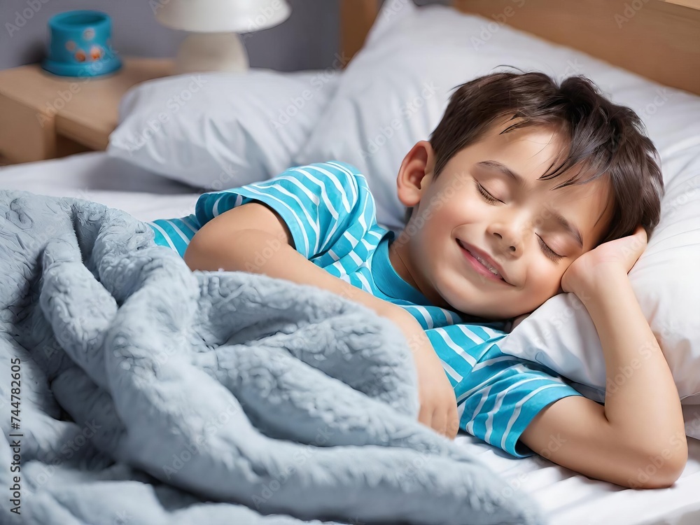 Young child asleep in bed, draped in a cozy grey blanket with hints of blue and white stripes on their t-shirt. The child’s innocent expression captures the essence of peaceful. Generative AI. Young child asleep in bed, draped in a cozy grey blanket with hints of blue and white stripes on their t-shirt. The child’s innocent expression captures the essence of peaceful. Generative AI.