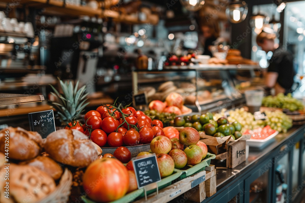 The vibrant colors of fresh produce and baked goods on display at a bustling cafe's counter, enticing passersby to step inside and immerse themselves in the lively energy of cafe c
