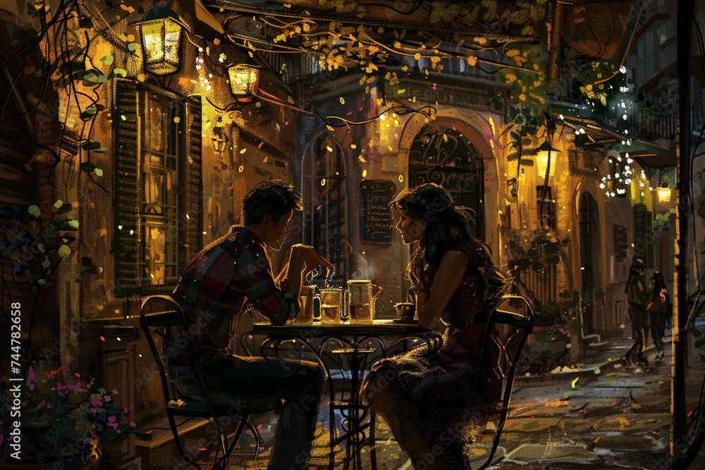 The cozy intimacy of a candlelit cafe corner, where couples share stolen glances and whispered secrets over frothy lattes, enveloped in the romantic ambiance that defines the essen - obrazy, fototapety, plakaty 