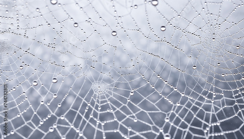  A delicate and intricate spider web is covered in morning dew, glistening in the sunlight photo