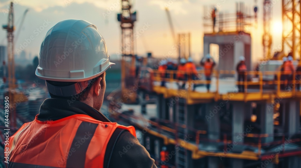 An engineer closely monitors a team of construction workers on a high steel platform at a bustling building site An engineer closely monitors a team of construction workers on a high steel platform at a bustling building site