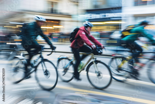A dynamic shot capturing the blur of cyclists zipping through a dedicated bike lane during rush hour, symbolizing the efficiency and eco-friendliness of cycling as a mode of urban