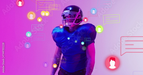 Image of icons and data processing over caucasian american football player