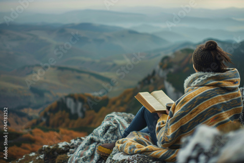 Atop a tranquil mountaintop, where the air is crisp and the vistas stretch endlessly, seize the sight of someone wrapped in a cozy blanket, sipping coffee while engrossed in the pa photo