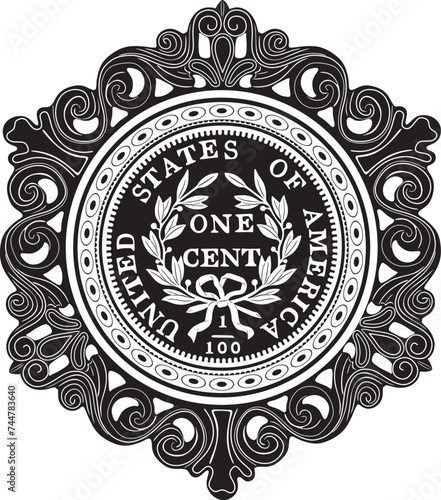 One cent american dollar coin with frame handmade silhouette design