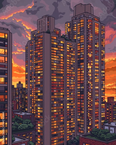 Urban Dusk: High-Rise Apartments Light Up as the Sun Sets Behind Cloudy Skies