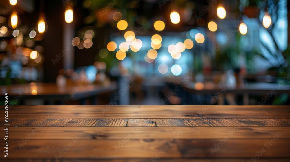 image of wooden table in front of resturant lights abstract blurred background - obrazy, fototapety, plakaty 