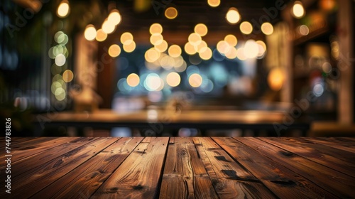 image of wooden table in front of resturant lights abstract blurred background photo