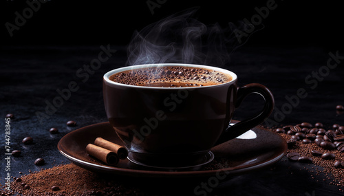  A steaming cup of coffee on a saucer with a cinnamon stick and coffee beans on a dark background.