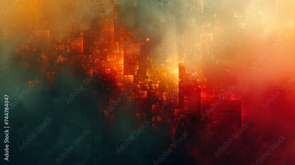 Abstract Painting of a City in Red, Yellow, and Green