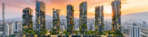 Eco-Friendly Urban Towers at Sunrise  Sustainable Living with Lush Greenery and Soft Morning Light