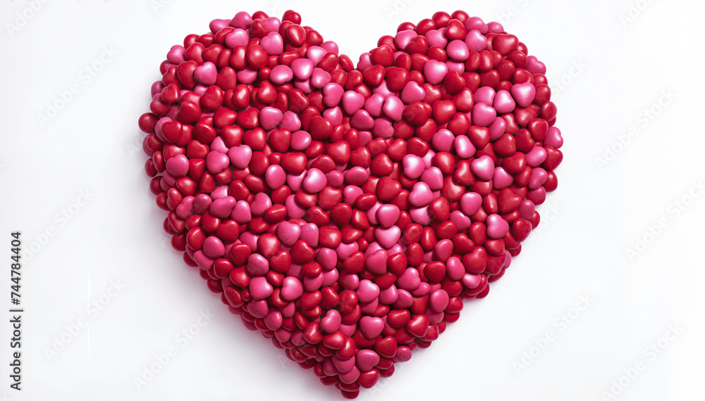 A large heart made out of smaller red and pink heart shaped candies on a white background A large heart made out of smaller red and pink heart shaped candies on a white background