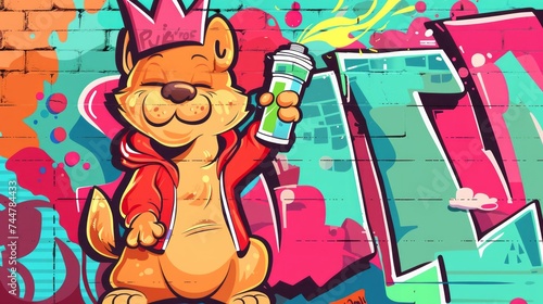 king grafitti style slogan with cartoon dog holding spray paint vector illustration