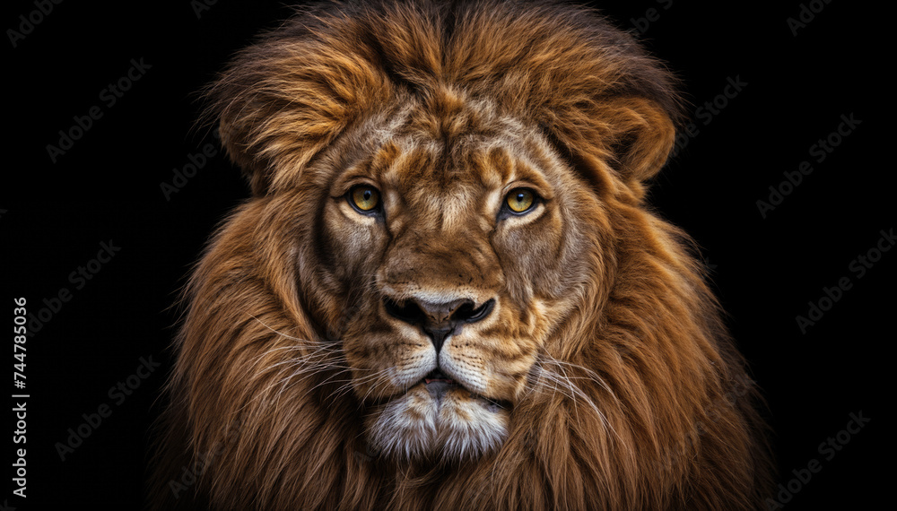  A majestic lion with a golden brown mane stares intensely with his yellow eyes and against a black background