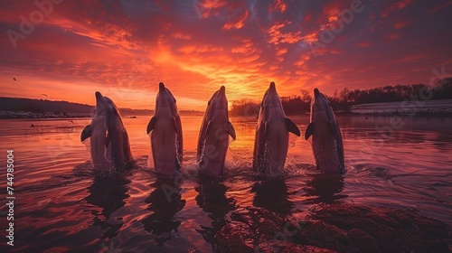 Dolphins at Sunset: Majestic Creatures Leaping in a Fiery Sky Reflected on Tranquil Waters
