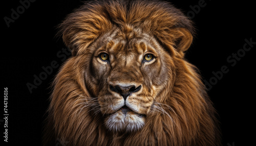  A majestic lion with a golden brown mane stares intensely with his yellow eyes and against a black background