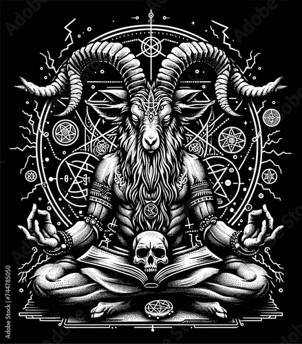 Mystical billy goat in meditative pose with occult symbols, dotwork vector illustration