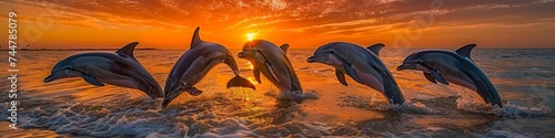 Energetic Dolphins Leaping at Sunset, Playful Aquatic Display Against a Breathtaking Ocean Sunset