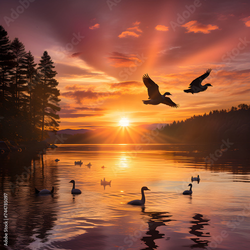 Sunset Reflections: Majestic Geese in Flight Over a Tranquil Lake © Jared