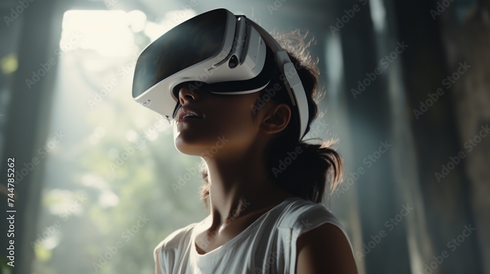 a young woman wearing a VR device. a young woman wearing a VR device.