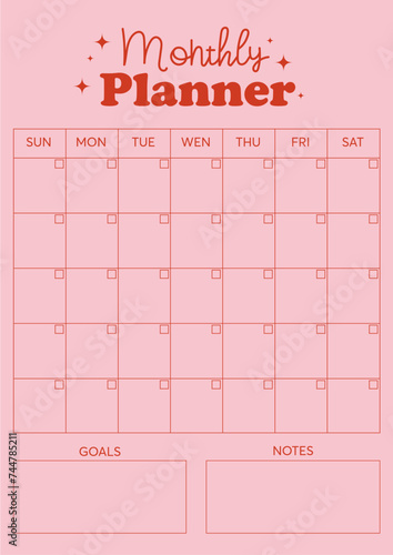  Vector monthly planner template, goals, notes, notebook page, pink background, retro dairy