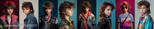 Set of 1980s fashion young boy - mullet hairstyle - pop culture - funny fashion - vintage - profile side view - individual isolated portraits. Young child from the 80s. quirky and eccentric 
